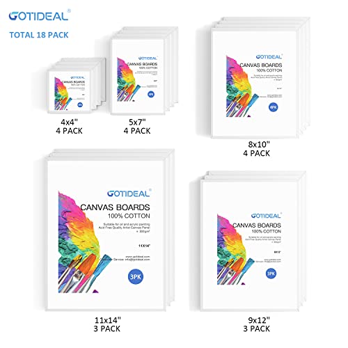 GOTIDEAL Canvases for Painting, 18 Pack Canvas Boards Multipack 4x4", 5x7", 8x10", 9x12",11x14",Primed White Blank Artist Canvas Panels Variety Pack for Acrylic Paint, Oil Paint, Watercolor, Gouache