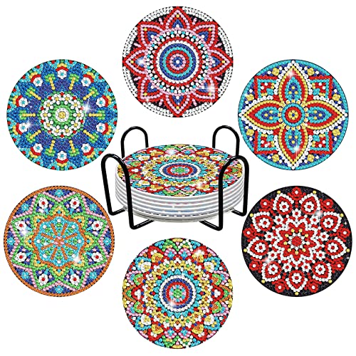 ASIPHITU Diamond Painting Coasters with Holder 6 Pcs Diamond Art Kits DIY Mandala Coasters Diamond Painting Kits Arts and Crafts for Adults, Beginners & Kids