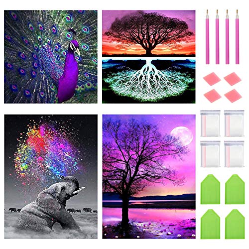 FineGearPow 4 Pack 5D Diamond Painting Kits for Adults, DIY Diamond Art for Adults, Full Drill Crystal Art for Home Wall Decor Diamond Dots, 11.8" x 11.8" / 15.7" (Peacock Elephant Trees Night)