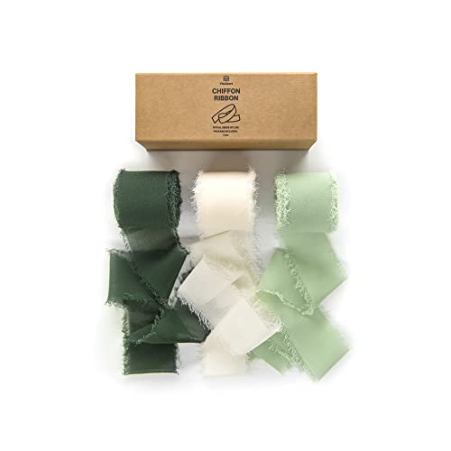 Vitalizart 3 Rolls Handmade Fringe Chiffon Silk Ribbon Gauze 1.5" x 7Yd Cream & Green Ribbons Set for Wedding Invitations, Bridal Bouquets, Gifts Wrapping, DIY Crafts