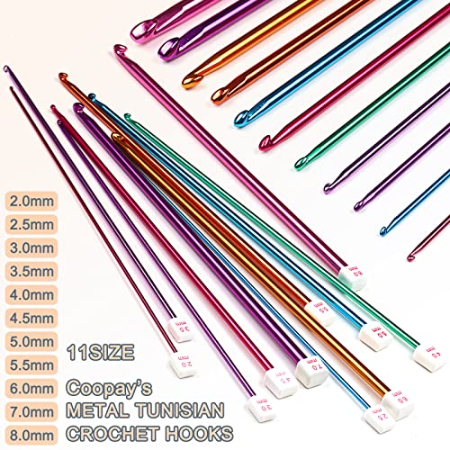 Coopay Long Crochet Hook Set, 11pcs Tunisian Crochet Hooks Multicolor Afghan Crochet Needles for Crocheting, 2mm(B)-8mm(L), Great Knitting & Crochet Supplies Tool Set for Beginner, Crocheter & Knitter