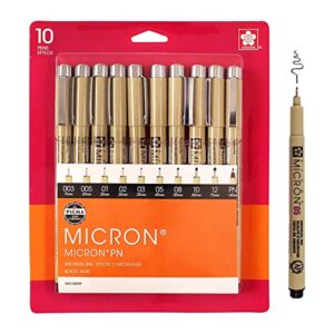 sakura pigma micron fineliner pens – archival black ink pens – pens for writing, drawing, or journaling – assorted point sizes – 10 pack