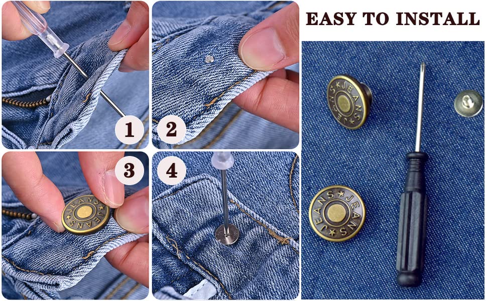 12 Sets Adjustable Buttons for Jeans, 20mm No Sew Instant Metal Buttons, Removable Jean Buttons Replacement Repair Kit with Threads Rivets and Screwdriver