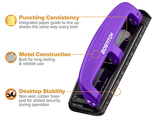 Bostitch Office EZ Squeeze Reduced Effort 3-Hole Punch, 12 Sheets, Purple (2105), 1.6" x 3" x 11"