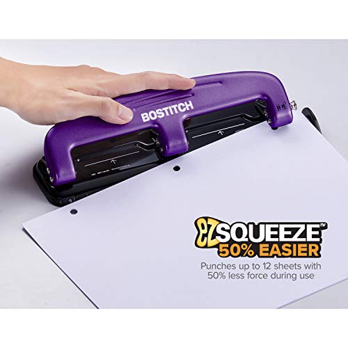 Bostitch Office EZ Squeeze Reduced Effort 3-Hole Punch, 12 Sheets, Purple (2105), 1.6" x 3" x 11"