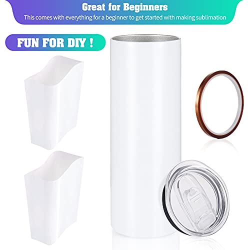 stonechic Sublimation White Straight Skinny Tumbler 20oz for Heat Transfer,Sublimation Blanks, Double Wall Insulated Tumbler with Heat Resistant Tape & Shrink Wrap Sleeve | Vinyl DIY Gifts - 6 Pack