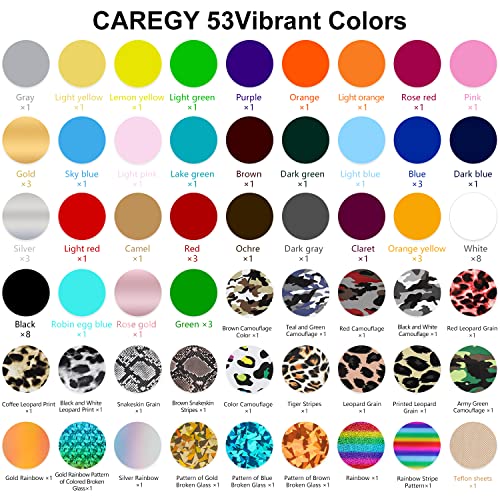 CAREGY HTV Heat Transfer Vinyl Bundle: 80 Pack 12" x 10" Iron on Vinyl for T-Shirt, 53 Assorted Colors with HTV Accessories Tweezers for All Cutter Machine or Heat Press Machine