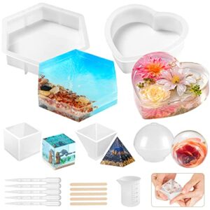 resin molds silicone kit, 8 in 1 silicone molds for epoxy resin, large resin molds for flowers preservation, ideal resin starter kit including hexagon, heart, sphere, pyramid, cube and set tools