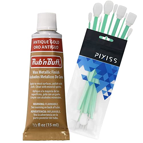 Rub n Buff Wax Metallic Antique Gold, Rub and Buff Finish, 0.5-Fluid Ounce, Pixiss Blending and Application Tools for Applying Metallic Wax Paint