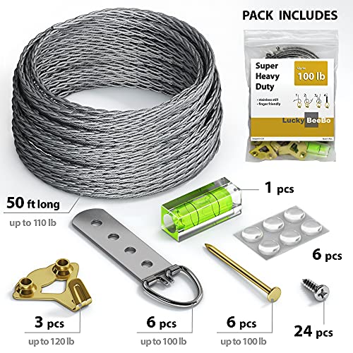 Heavy Duty Picture Wire Hanging Kit - D-Ring, Screws, Hanging Hooks,Level. Supports up to 110 lbs 50+ Feet (15.25M) Stainless Steel Wire Hanger