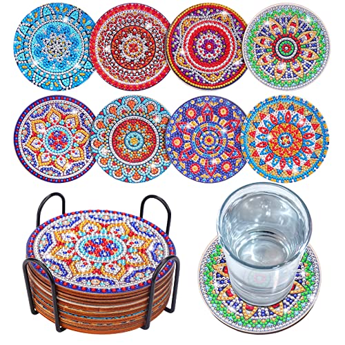 BSRESIN 8 Pcs Diamond Painting Coasters with Holder, Mandala Coasters DIY Diamond Art Crafts for Adults, Small Diamond Painting Kits Accessories