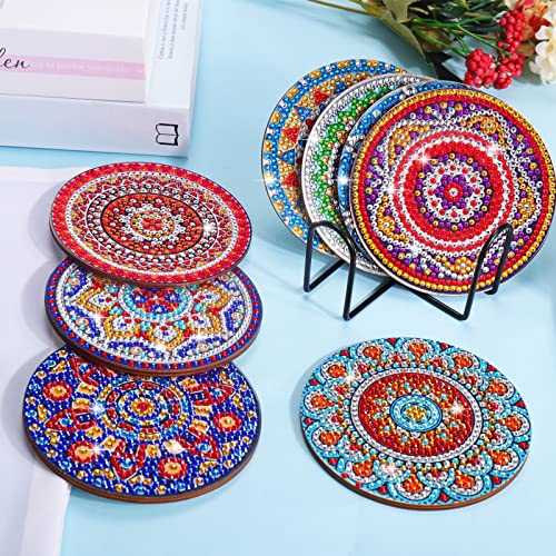 BSRESIN 8 Pcs Diamond Painting Coasters with Holder, Mandala Coasters DIY Diamond Art Crafts for Adults, Small Diamond Painting Kits Accessories