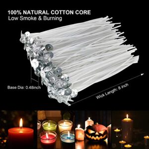 Candle Wicks 100 Pcs 6 inch with 30Pcs Candle Wick Stickers and 10 Pcs Wooden Candle Wick Centering Device for Soy Beeswax Candle Making and Candle DIY