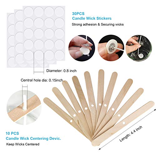 Candle Wicks 100 Pcs 6 inch with 30Pcs Candle Wick Stickers and 10 Pcs Wooden Candle Wick Centering Device for Soy Beeswax Candle Making and Candle DIY