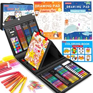 soucolor art supplies, drawing set art kits with trifold easel, 2 drawing pad, 1 coloring book, crayons, pastels, watercolors, pencils, arts and crafts gifts case for kids girls boys teens beginners