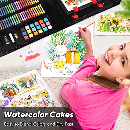Soucolor Art Supplies, Drawing Set Art Kits with Trifold Easel, 2 Drawing Pad, 1 Coloring Book, Crayons, Pastels, Watercolors, Pencils, Arts and Crafts Gifts Case for Kids Girls Boys Teens Beginners