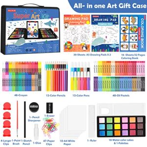 Soucolor Art Supplies, Drawing Set Art Kits with Trifold Easel, 2 Drawing Pad, 1 Coloring Book, Crayons, Pastels, Watercolors, Pencils, Arts and Crafts Gifts Case for Kids Girls Boys Teens Beginners