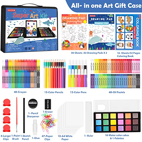 Soucolor Art Supplies, Drawing Set Art Kits with Trifold Easel, 2 Drawing Pad, 1 Coloring Book, Crayons, Pastels, Watercolors, Pencils, Arts and Crafts Gifts Case for Kids Girls Boys Teens Beginners