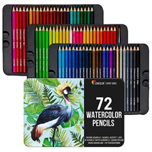 zenacolor professional watercolor pencils, set of 72, metal box with brush – drawing set for coloring, blending and layering books, adult or kids