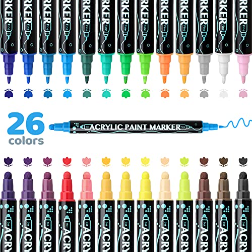 Acrylic Paint Markers,Acrylic Paint Pens Paint Markers,26 Colors Dual Tip Paint Pens For Rock Painting Wood Canvas Plastic Metal And Stone, Acrylic Dot Markers Pen For DIY Crafts Making Art Supplies