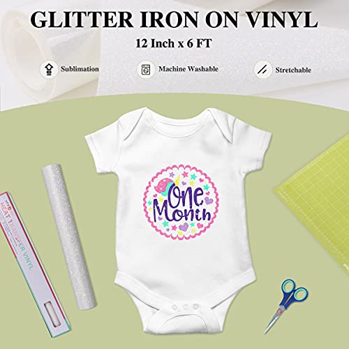 HTVRONT Rainbow White Glitter HTV Vinyl Roll-12" x 6 FT White Glitter Heat Transfer Vinyl Bundle, White Glitter Iron on Vinyl for Cricut & Silhouette Cameo