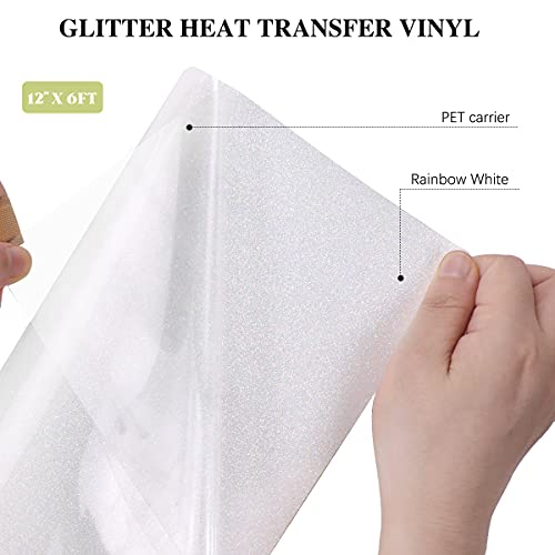HTVRONT Rainbow White Glitter HTV Vinyl Roll-12" x 6 FT White Glitter Heat Transfer Vinyl Bundle, White Glitter Iron on Vinyl for Cricut & Silhouette Cameo