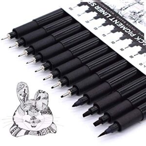 twohands set of 12 micro pens,art pens,fineliner ink pens,technical drawing pen,pigment pen,fine point,black,waterproof,for art watercolor,sketching,anime,manga,scrapbooking 20413