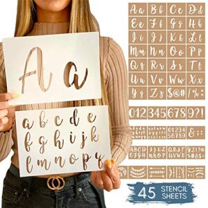 boutique calligraphy stencil template kit – 45 reusable pieces – includes lettering upper and lowercase both large and small, numbers, punctuation, laurels and flowers – for arts crafts painting wood