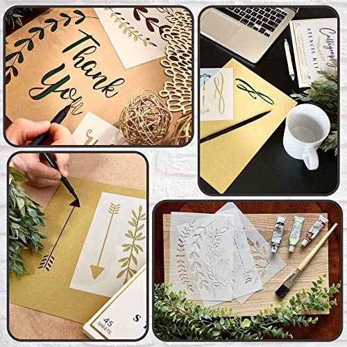 Boutique Calligraphy Stencil Template Kit - 45 Reusable Pieces - Includes Lettering Upper and Lowercase Both Large and Small, Numbers, Punctuation, Laurels and Flowers - for Arts Crafts Painting Wood