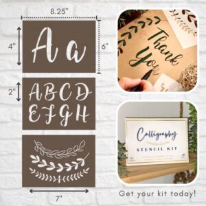 Boutique Calligraphy Stencil Template Kit - 45 Reusable Pieces - Includes Lettering Upper and Lowercase Both Large and Small, Numbers, Punctuation, Laurels and Flowers - for Arts Crafts Painting Wood