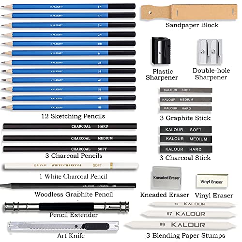 KALOUR 33 Pieces Pro Drawing Kit Sketching Pencils Set,Portable Zippered Travel Case-Charcoal Pencils, Sketch Pencils, Charcoal Stick,Sharpener,Eraser.Art Supplies for Artists Beginner Adults Teens