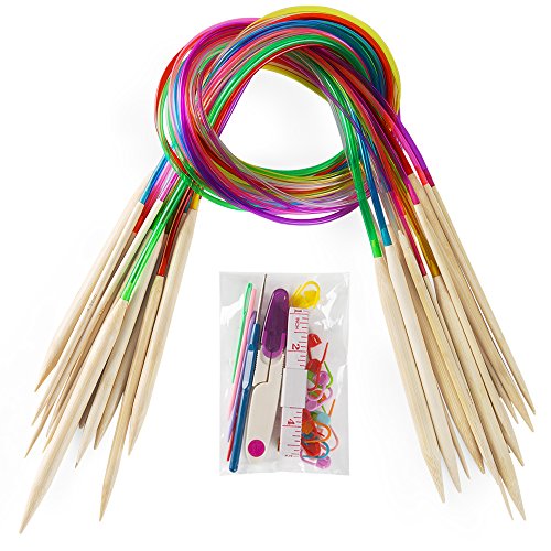 18 Pairs Bamboo Knitting Needles Set, Vancens Circular Wooden Knitting Needles with Colorful Plastic Tube, Small Tools for Weave are Included, 18 Sizes: 2mm - 10mm, 31.5" Length