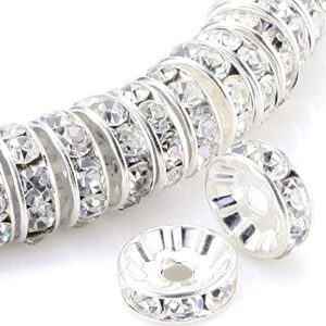 Allb 100Pcs Rondelle Spacer Beads 8mm Silver Plated Czech Crystal Rhinestone for Jewelry Making Loose Beads for Bracelets