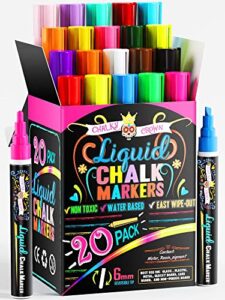 chalky crown neon & vintage chalk markers – dry erase marker pens – chalk markers for chalkboards, signs, windows, blackboard, glass – reversible tip (20 pack) – (multicolored, 6mm)