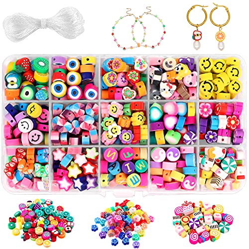 JOICEE 300PCS Fruit Smiley Handmade Polymer Clay Beads 15 Styles Flower Letter Beads Soft Beads for Women Girls Jewelry Making DIY Bracelet Necklace Earring Accessories with 4m Crystal Elastic String.