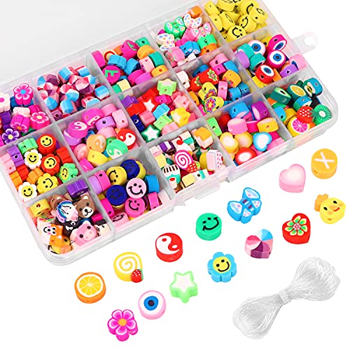 JOICEE 300PCS Fruit Smiley Handmade Polymer Clay Beads 15 Styles Flower Letter Beads Soft Beads for Women Girls Jewelry Making DIY Bracelet Necklace Earring Accessories with 4m Crystal Elastic String.