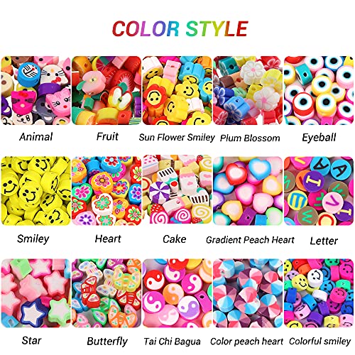 JOICEE 300PCS Fruit Smiley Handmade Polymer Clay Beads 15 Styles Flower Letter Beads Soft Beads for Women Girls Jewelry Making DIY Bracelet Necklace Earring Accessories with 4m Crystal Elastic String.