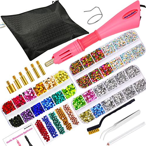 Worthofbest Hotfix Applicator, Rhinestones Setter Wand Tool, Hot fixed Bedazzler Kit, 4560Pcs, AB Crystal, Rainbow, Clear, 15 Colors, Tips, Tweezers, Tray, Gems Picker Tool,Bag,3 Jewel Size