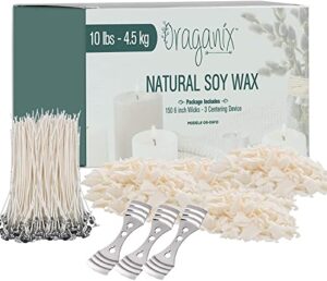 oraganix diy candle making kit and candle making supplies – 10 lbs soy candle wax – 150 6-inch pre-waxed candle wicks – 3 metal centering devices – bulk 10 lb soy wax flakes