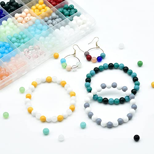 KOTHER 600PCS Glass Beads for Jewelry Making, 8mm DIY Gemstone Crystal Beads Bracelet Making Kit Healing Chakra Beads, 24 Color Round Gemstone Beads Suitable for Beginners