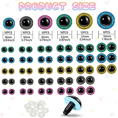 56 Pieces 16-30 mm Large Safety Eyes for Amigurumi Big Stuffed Animal Eyes Plastic Craft Crochet Eyes for DIY of Puppet, Bear, Toy Doll Making Supplies, 6 Sizes (Green, Grey, Yellow, Pink, Blue)