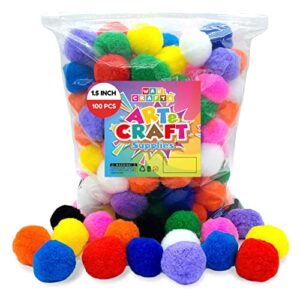 wau craft pom pom balls – 100pcs 1.5 inch multicolored large pompoms for crafts art diy project in reusable zipper bag