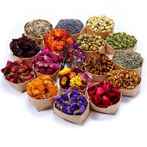 16 bags dried flowers,100% natural dried flowers herbs kit for soap making, diy candle making,bath – include rose petals,lavender,don’t forget me,lilium,jasmine,rosebudsand more