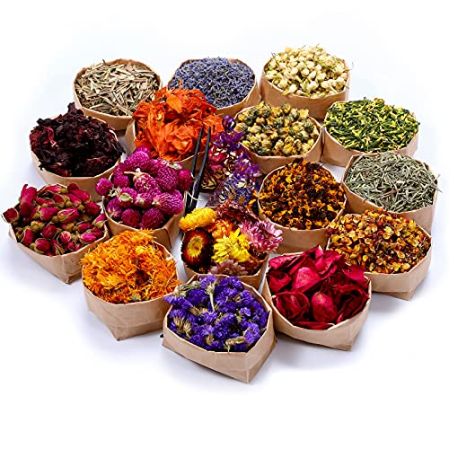 16 Bags Dried Flowers,100% Natural Dried Flowers Herbs Kit for Soap Making, DIY Candle Making,Bath - Include Rose Petals,Lavender,Don't Forget Me,Lilium,Jasmine,Rosebudsand More