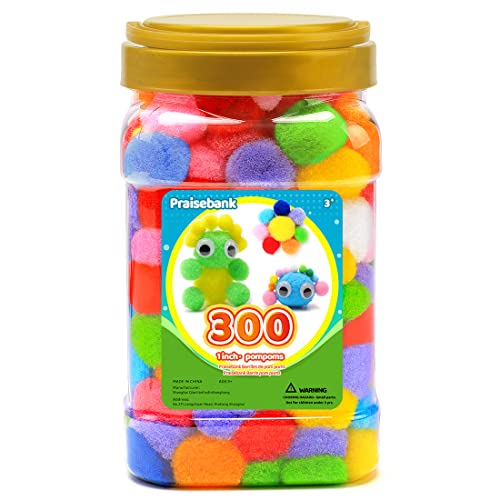 Praisebank 300pcs 1 inch Pom Poms, Pom Poms for Arts and Crafts, Pom Pom Balls in jar, Pom Poms for Crafts.