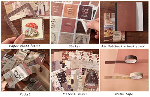 Draupnir Vintage Aesthetic Scrapbook Kit(346pcs), Bullet Junk Journal Kit with Journaling/Scrapbooking Supplies, Stationery, A6 Grid Notebook with Graph Ruled Pages.DIY Gift for Teen Girl Kid Women.