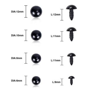 UPINS 500 Pieces 6-12MM Black Plastic Safety Eyes with Washers for Crochet Animal Crafts Doll Making Supplier Bulk (4 Sizes)