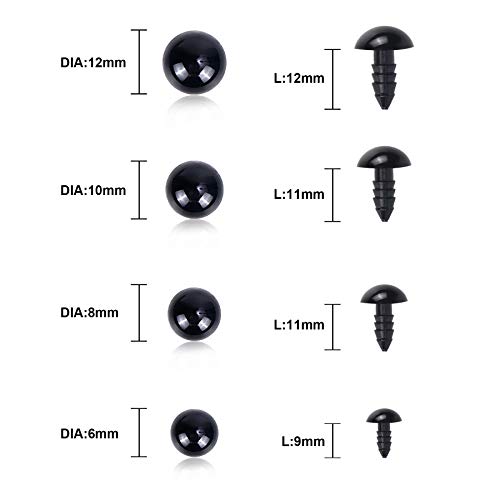 UPINS 500 Pieces 6-12MM Black Plastic Safety Eyes with Washers for Crochet Animal Crafts Doll Making Supplier Bulk (4 Sizes)