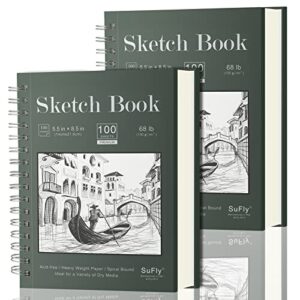 sketch book 5.5 x 8.5 – spiral sketchbook pack of 2, sufly 200 sheets (68 lb/100gsm) acid free sketch pads for drawing for adults spiral-bound with hard cover for kids & adults, 100 sheets each