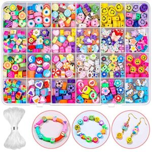 480 pcs fruit flower polymer clay beads, 24 styles trendy cute smiley bead charms for bracelets jewelry necklace earring making with elastic string
